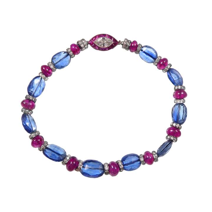 Sapphire and ruby bead bracelet with diamond roundels, on a diamond and ruby clasp